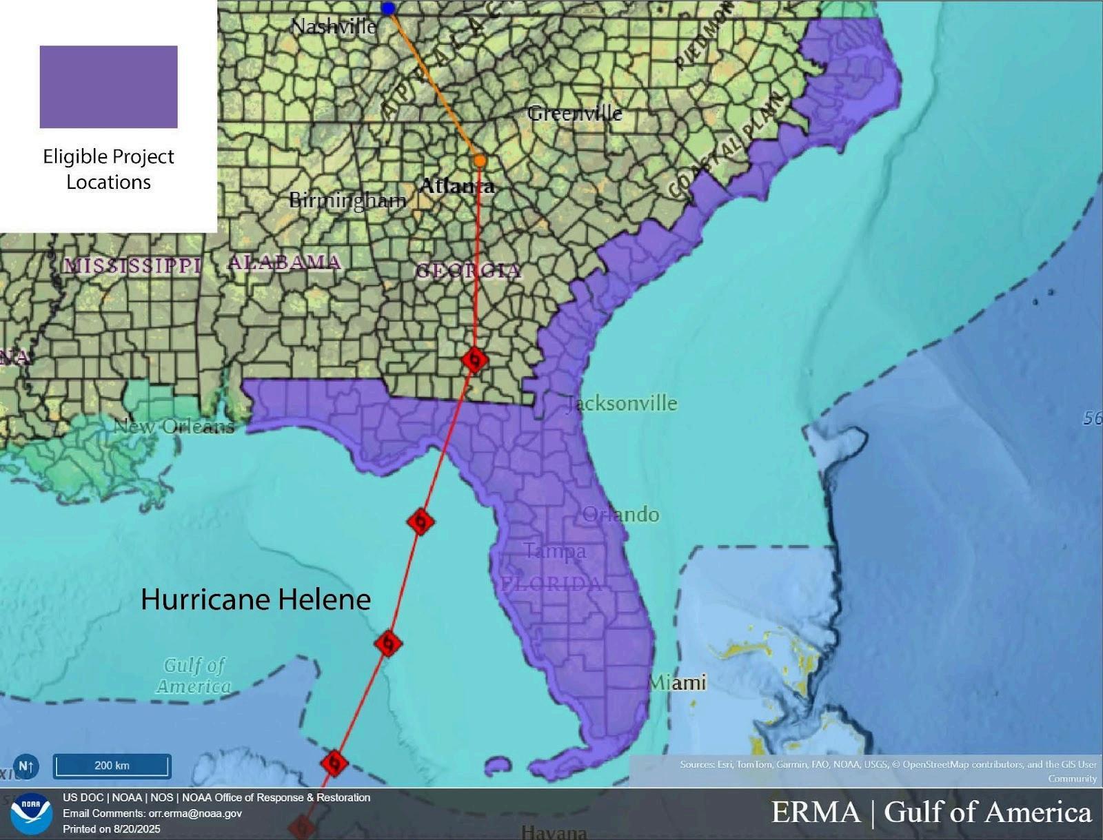 Map of eligible project locations concerning Hurricane Helene, extending from the south of Florida up to North Carolina.