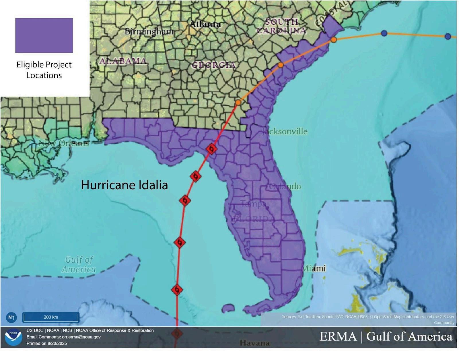 Map of eligible project locations concerning Hurricane Idalia, extending from the south of Florida up to South Carolina.
