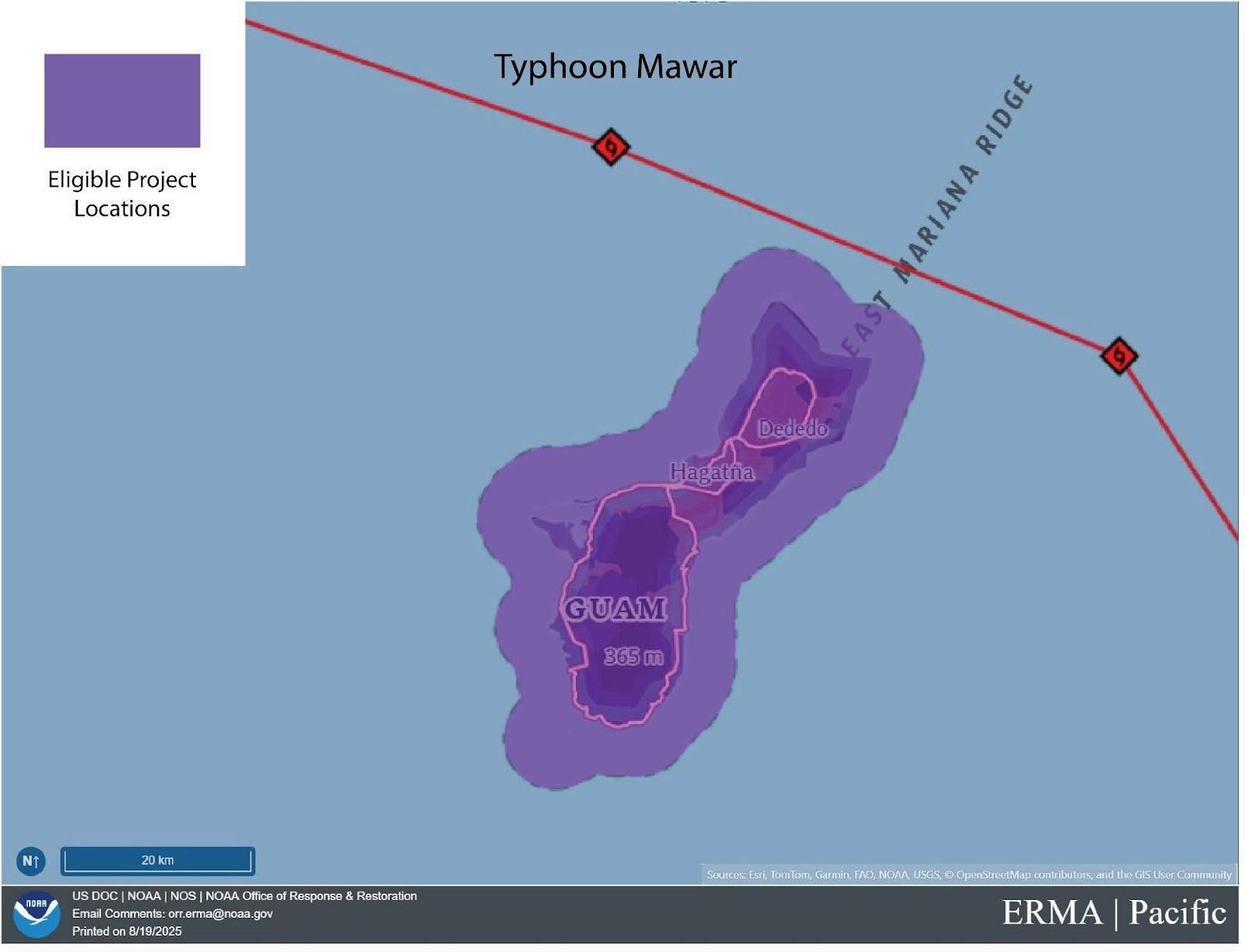 Map of eligible project locations concerning Typhoon Mawar, encompassing all of Guam..