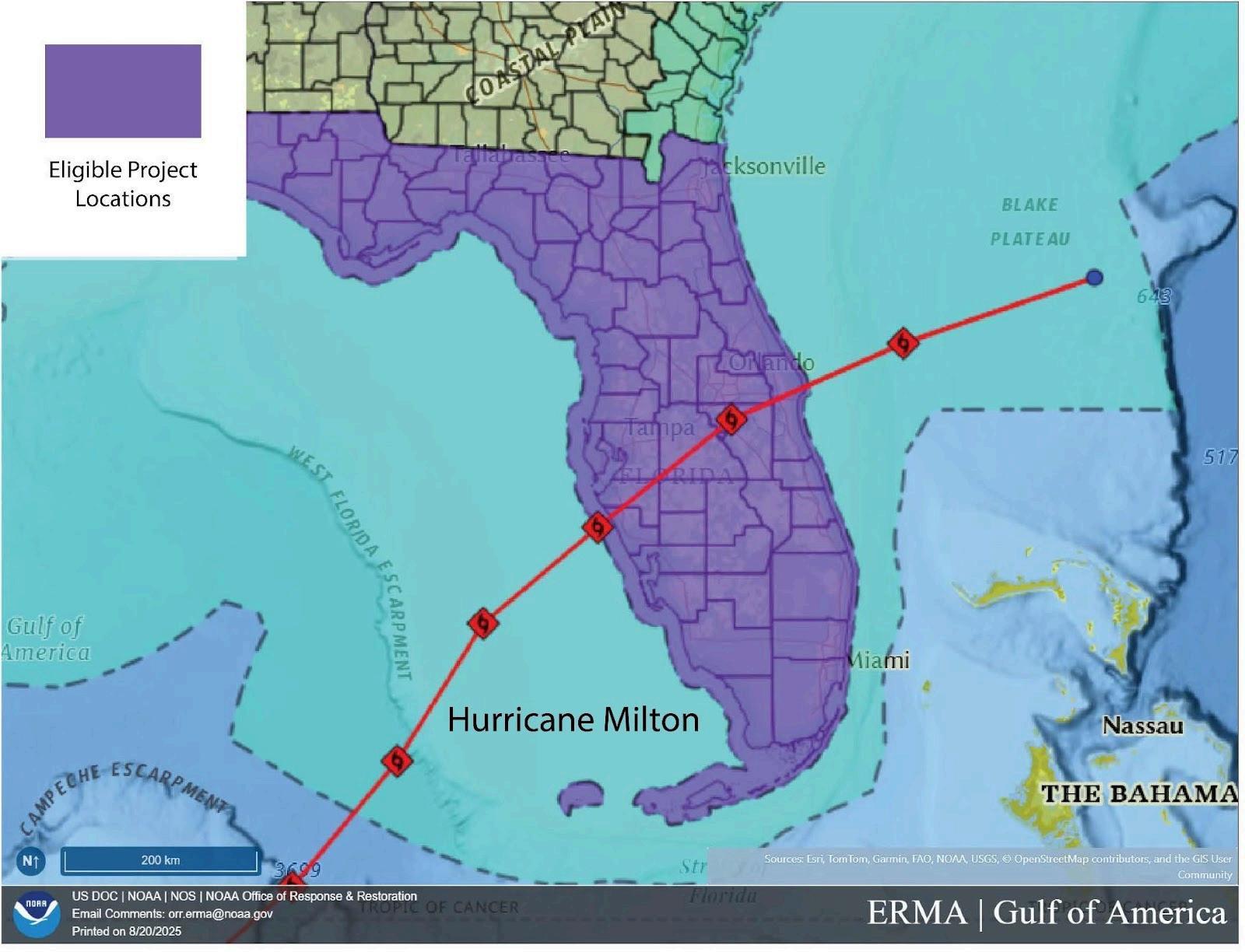 Map of eligible project locations concerning Hurricane Milton, extending throughout the state of Florida..