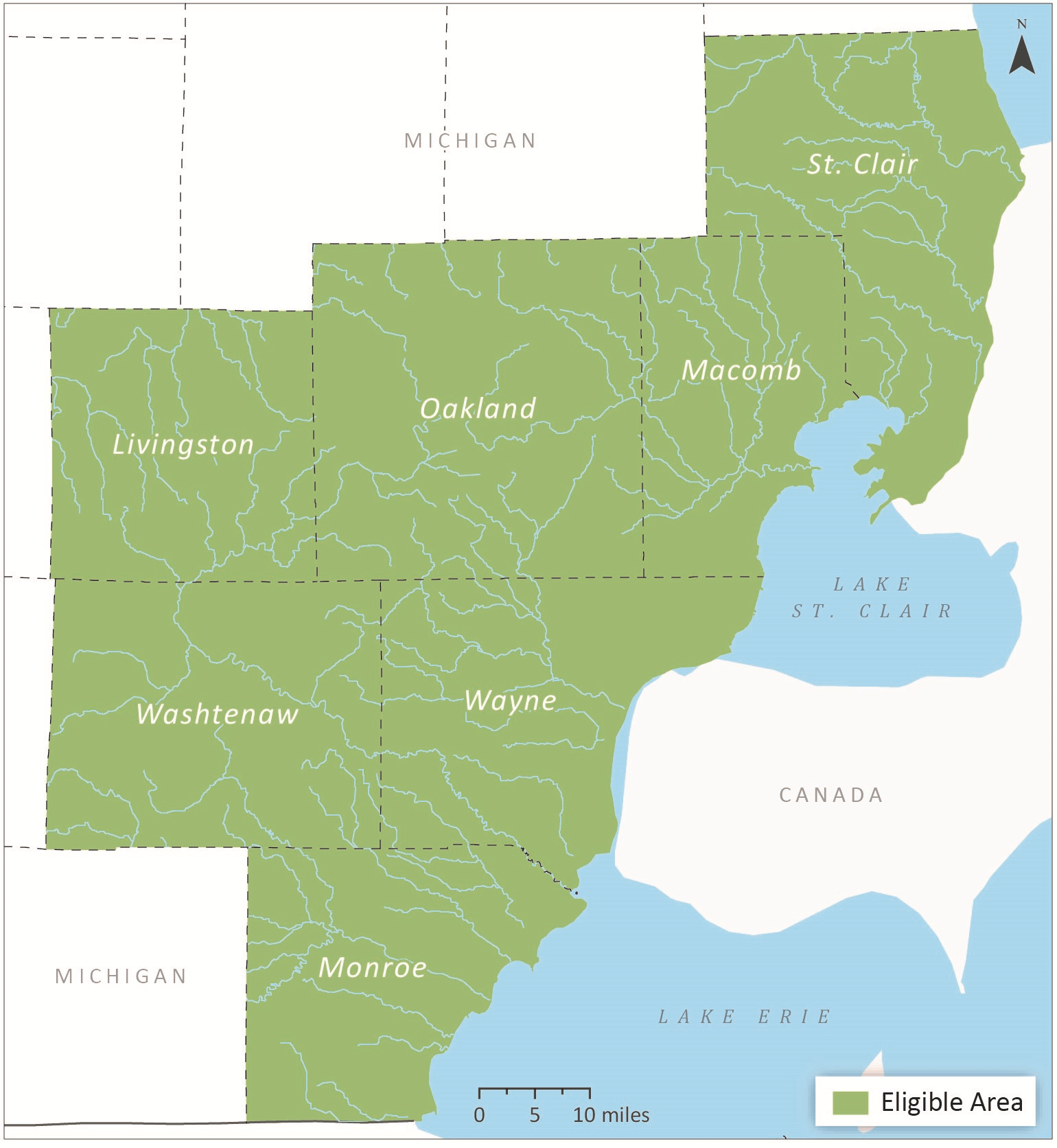 map of St Clair, Macomb, Oakland, Livingston, Wayne, Washtenaw, and Monroe counties in Michigan
