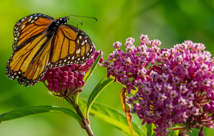 Close-up of a monarch butterfly with bright orange wings edged in black and white spots, perched on a cluster of pink milkweed flowers, with a soft green background.
