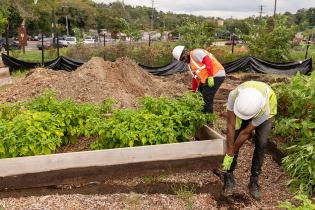 two men work on a raised garden bed on an urban farm