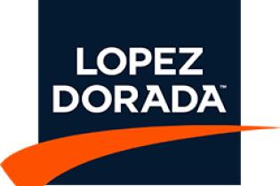 Lopez Dorada logo featuring bold, white uppercase text "LOPEZ DORADA" centered on a dark blue square background, with an orange swoosh curving upward below the text.