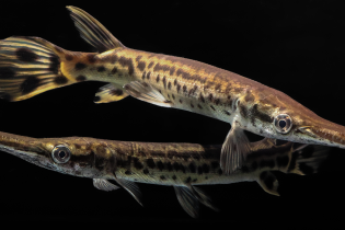 Two alligator gar fish with long, narrow snouts and sharp teeth, featuring mottled brown and tan patterns along their elongated bodies, swimming against a black background with a reflective surface below.