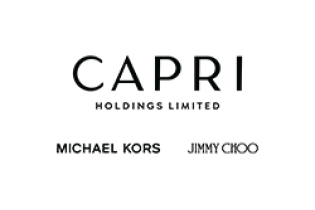 Capri Holdings Limited logo in black text on a white background, with the names of its luxury fashion brands Michael Kors and Jimmy Choo displayed below. Represents a global fashion group known for high-end apparel, accessories, and footwear.